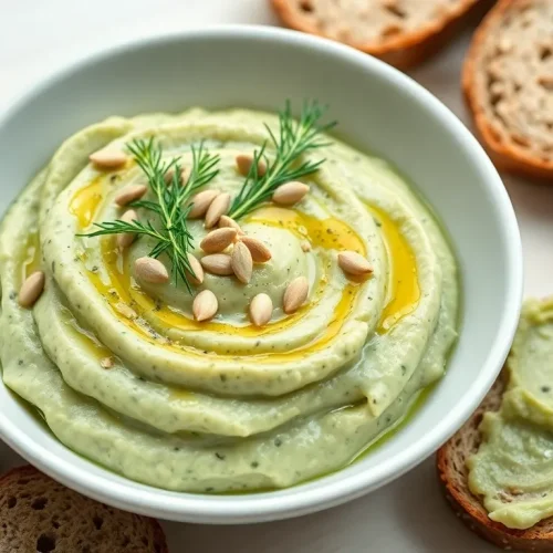 Pyszna pasta kanapkowa z cukinii podana w miseczce. Prosty przepis na zdrowe smarowidło do chleba.