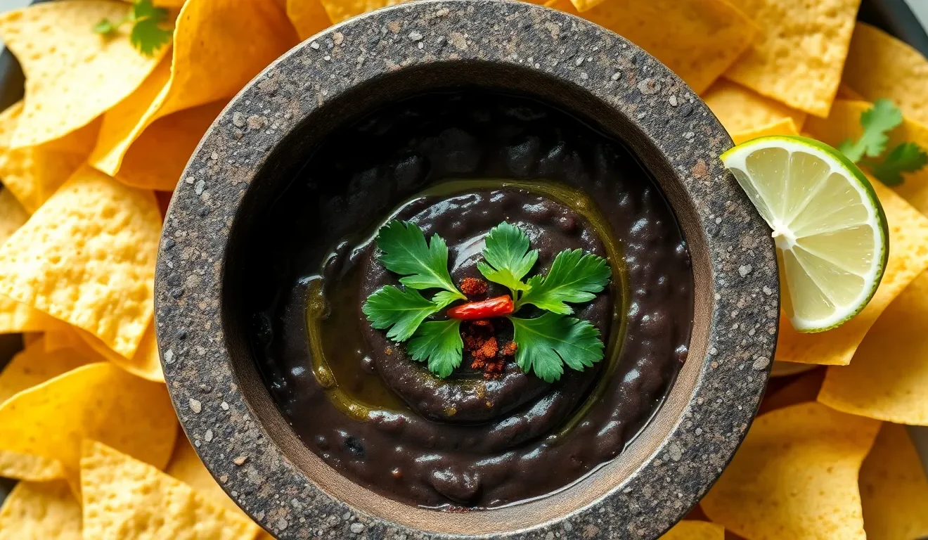Pyszna pasta z czarnej fasoli z puszki, podana z nachos i kolendrą. Prosty przepis na wegański dip.