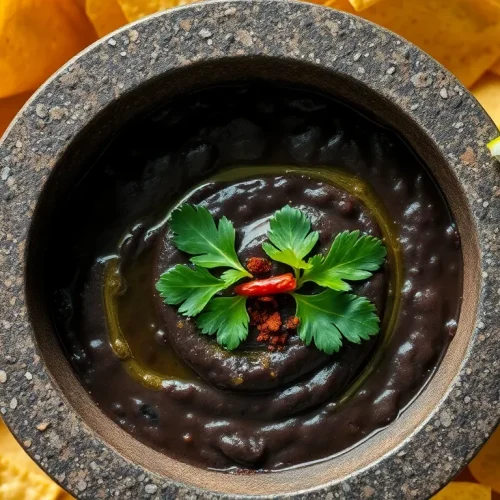 Pyszna pasta z czarnej fasoli z puszki, podana z nachos i kolendrą. Prosty przepis na wegański dip.