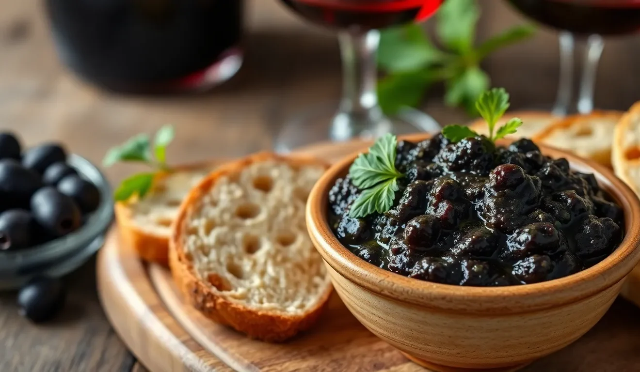 Intensywna pasta z czarnych oliwek (tapenada) w miseczce. Prosty przepis na klasyczne włoskie smarowidło do chleba.