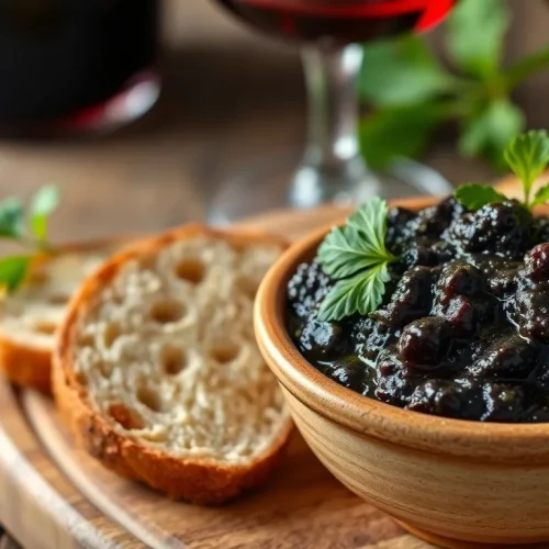 Intensywna pasta z czarnych oliwek (tapenada) w miseczce. Prosty przepis na klasyczne włoskie smarowidło do chleba.