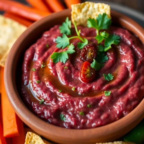 Aromatyczna pasta z czerwonej fasoli, podana z nachos. Prosty przepis na szybki, wegański dip do przekąsek.