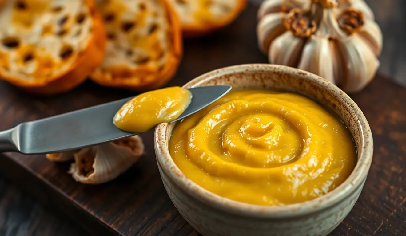 Kremowa pasta z pieczonego czosnku i oliwy w miseczce. Prosty przepis na aromatyczne, włoskie smarowidło.