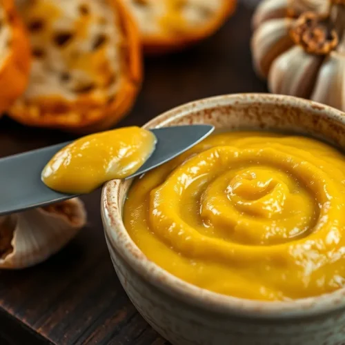 Kremowa pasta z pieczonego czosnku i oliwy w miseczce. Prosty przepis na aromatyczne, włoskie smarowidło.