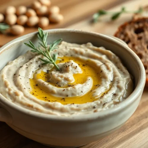 Prosty przepis na kremową pastę kanapkową z polskiej fasoli Jaś, podaną w misce z chlebem żytnim i majerankiem.