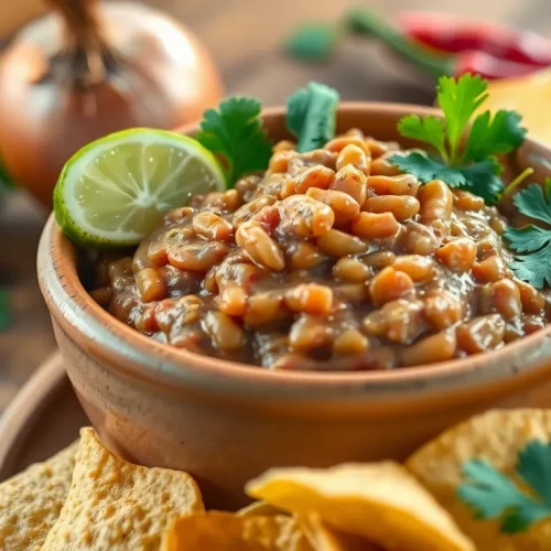 Prosty przepis na meksykańską pastę z fasoli pinto, podaną w misce z chrupiącymi nachosami i świeżą kolendrą.