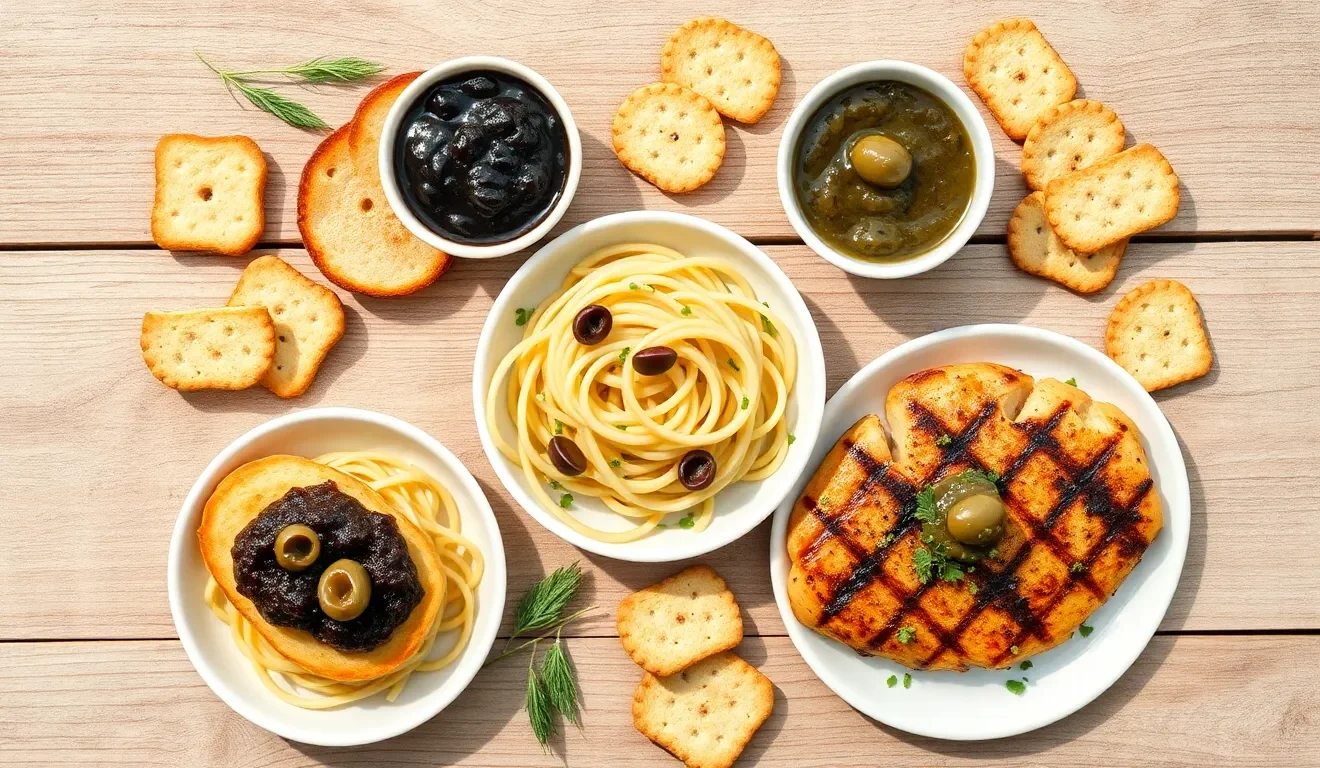 A beautiful and versatile flat-lay shot showcasing multiple uses of olive paste.