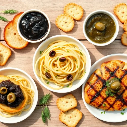 A beautiful and versatile flat-lay shot showcasing multiple uses of olive paste.