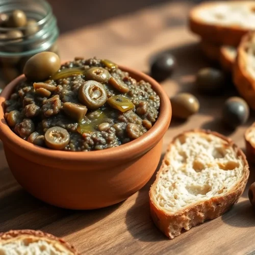 Intensywna pasta z oliwek i kaparów w miseczce. Prosty przepis na klasyczną, włoską tapenadę do chleba.