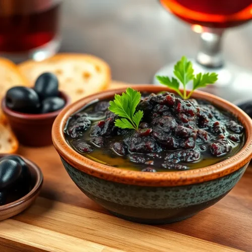 Intensywna pasta z oliwek (tapenada) w miseczce. Prosty przepis na klasyczne włoskie smarowidło do chleba.