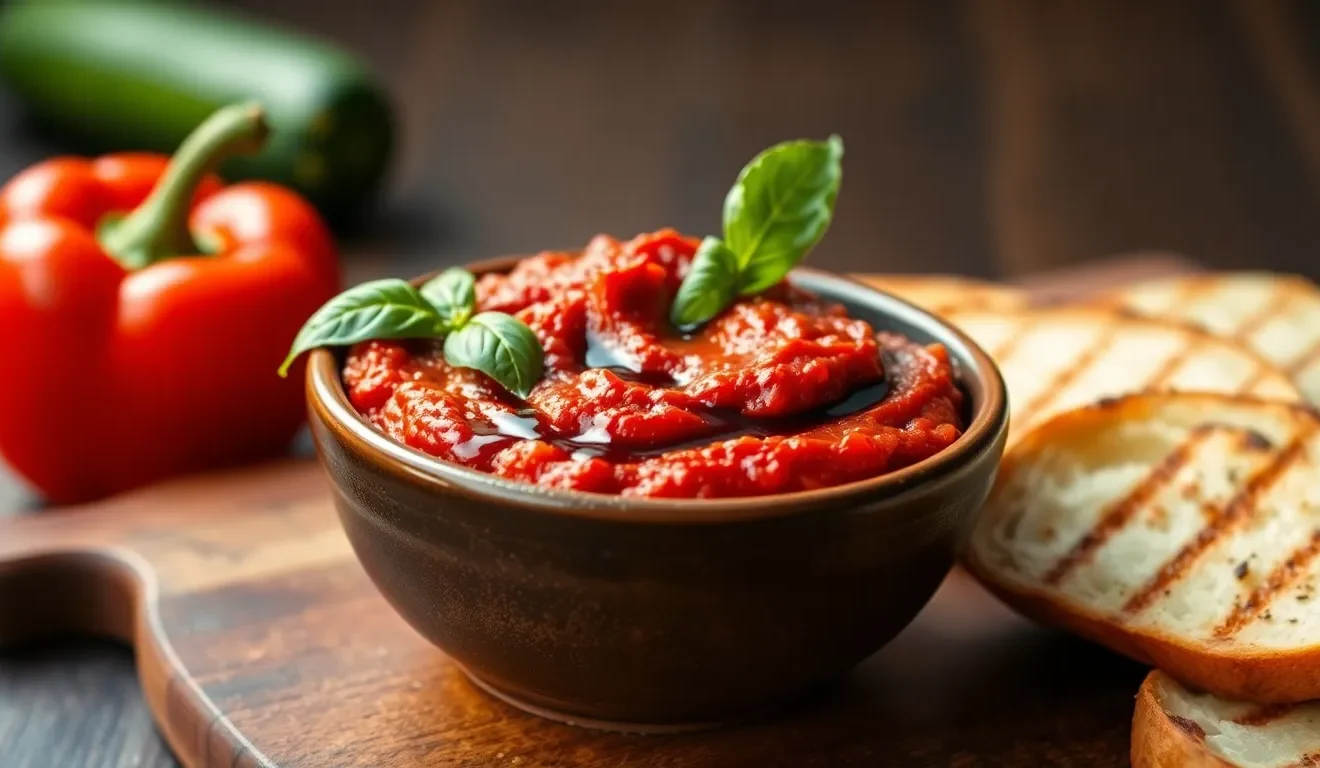 Aromatyczna pasta z pieczonej papryki i cukinii w miseczce. Prosty przepis na pyszne, włoskie smarowidło.