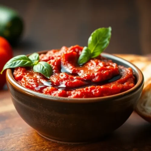 Aromatyczna pasta z pieczonej papryki i cukinii w miseczce. Prosty przepis na pyszne, włoskie smarowidło.