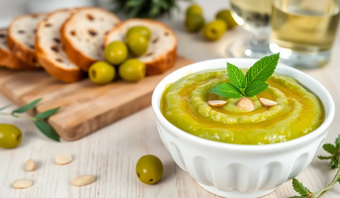 Orzeźwiająca pasta z zielonych oliwek z miętą i migdałami. Prosty przepis na pyszne, włoskie smarowidło.