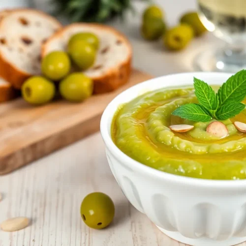 Orzeźwiająca pasta z zielonych oliwek z miętą i migdałami. Prosty przepis na pyszne, włoskie smarowidło.