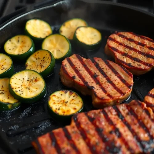 Warzywa i mięso smażące się na patelni grillowej żeliwnej, co pokazuje, jak używać takiej patelni.