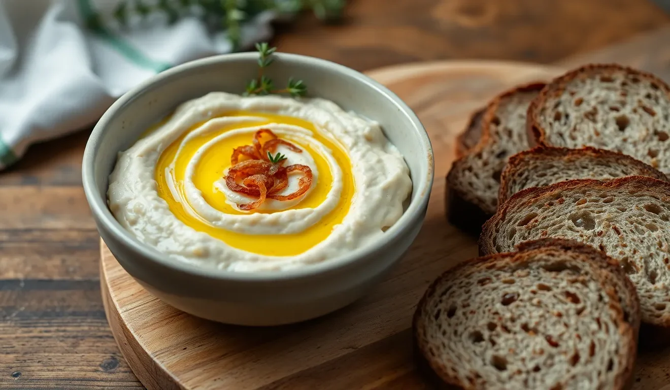 Kremowa pasta z fasoli z smażoną cebulką i ziołami. Prosty przepis na pyszne wegańskie smarowidło do chleba.