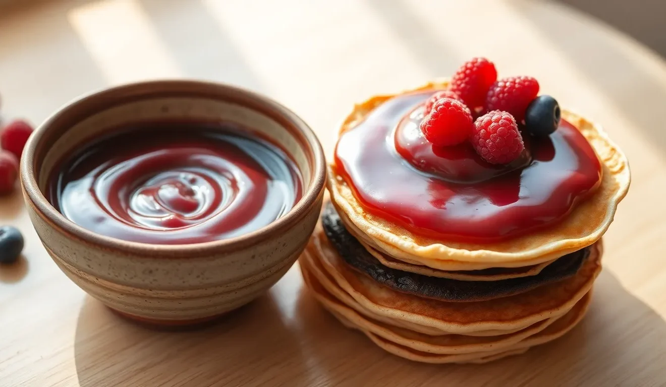 Prosty przepis na słodką pastę z czerwonej fasoli, podaną w miseczce obok naleśników i świeżych owoców.