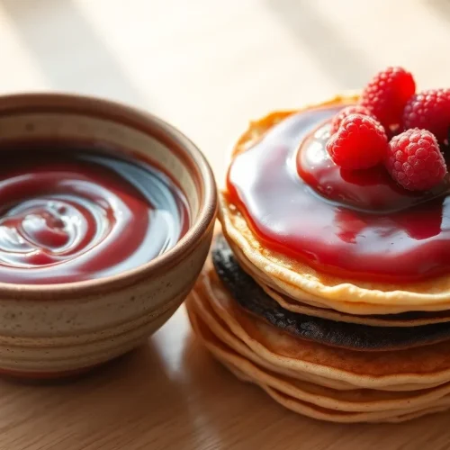 Prosty przepis na słodką pastę z czerwonej fasoli, podaną w miseczce obok naleśników i świeżych owoców.