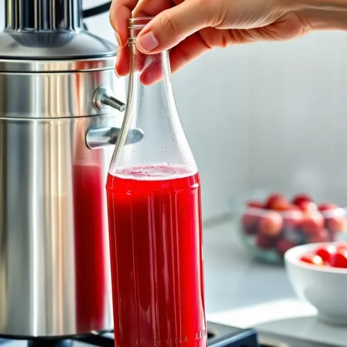 Osoba nalewająca sok z sokownika parowego do butelki, co pokazuje, jak używać tego urządzenia.