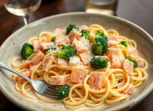 Prosty przepis na tagliatelle z łososiem i brokułami w kremowym sosie śmietanowym, podane w misce z parmezanem.