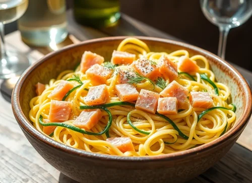 Prosty przepis na tagliatelle z łososiem i cukinią w kremowym sosie, podane w misce ze świeżym koperkiem.