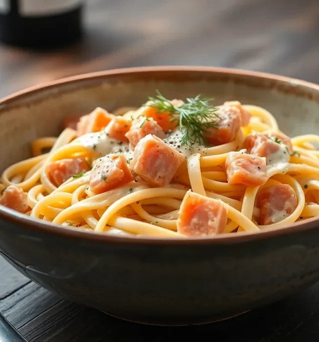 Prosty przepis na tagliatelle z łososiem i mascarpone w kremowym sosie, podane w misce ze świeżym koperkiem.