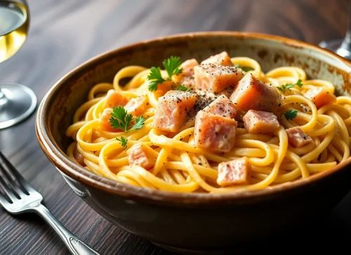 Prosty przepis na tagliatelle z łososiem w kremowym sosie śmietanowym, podane w misce ze świeżą natką pietruszki.