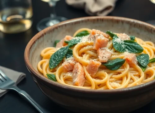 Prosty przepis na makaron tagliatelle ze szpinakiem i łososiem w kremowym sosie, podany w misce z parmezanem.
