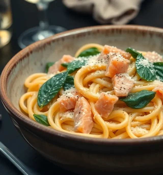 Prosty przepis na makaron tagliatelle ze szpinakiem i łososiem w kremowym sosie, podany w misce z parmezanem.