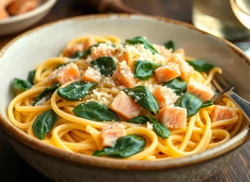 Prosty przepis na tagliatelle z łososiem i szpinakiem w kremowym sosie śmietanowym, podane w misce z parmezanem.