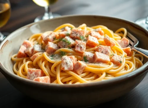 Prosty przepis na tagliatelle z łososiem wędzonym w kremowym sosie śmietanowym, podane w misce ze świeżym koperkiem.