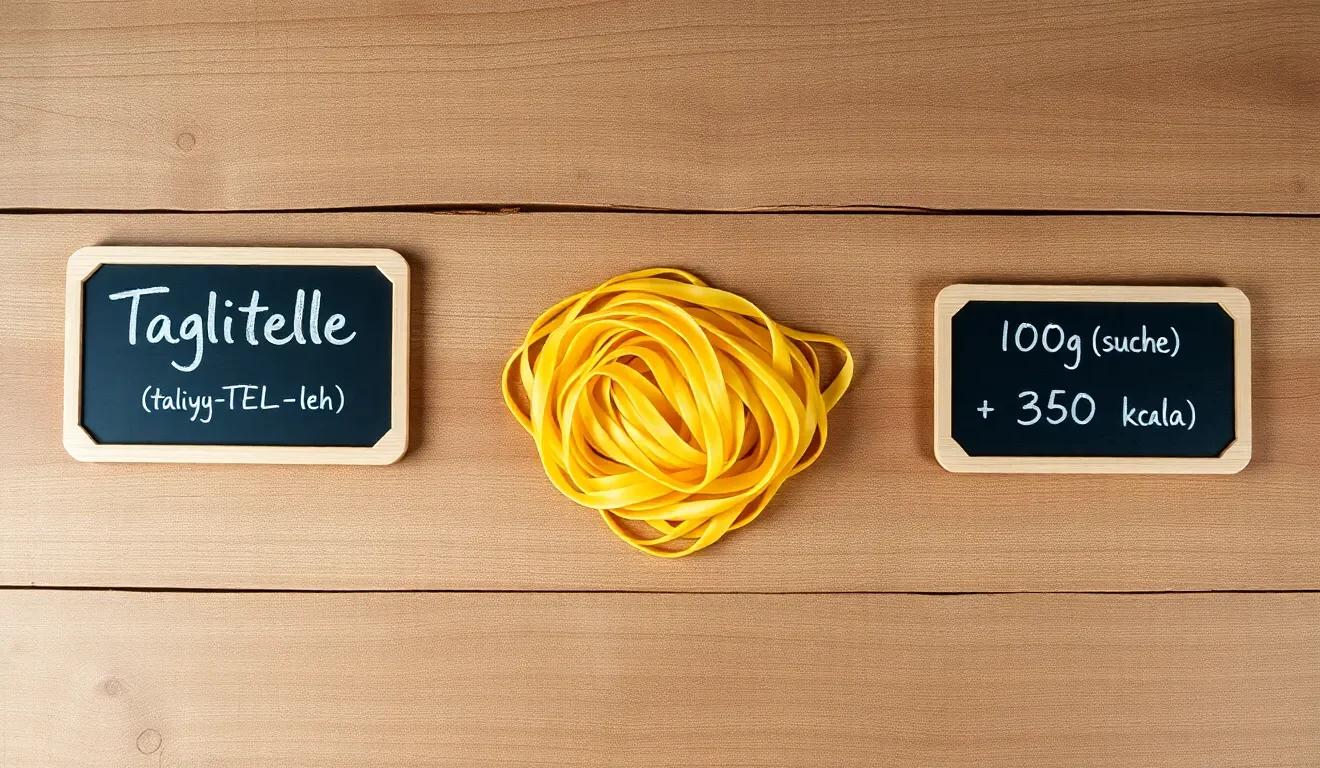 Włoski makaron tagliatelle, jego poprawna wymowa i informacja o kaloriach (kcal) zapisane na tabliczkach.