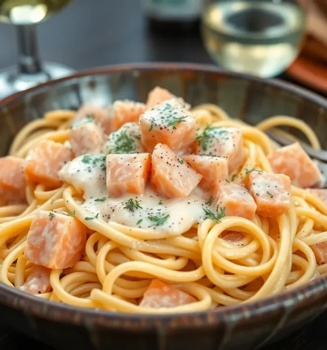 Prosty przepis na makaron tagliatelle z łososiem w kremowym sosie śmietanowym, podane w misce ze świeżym koperkiem.