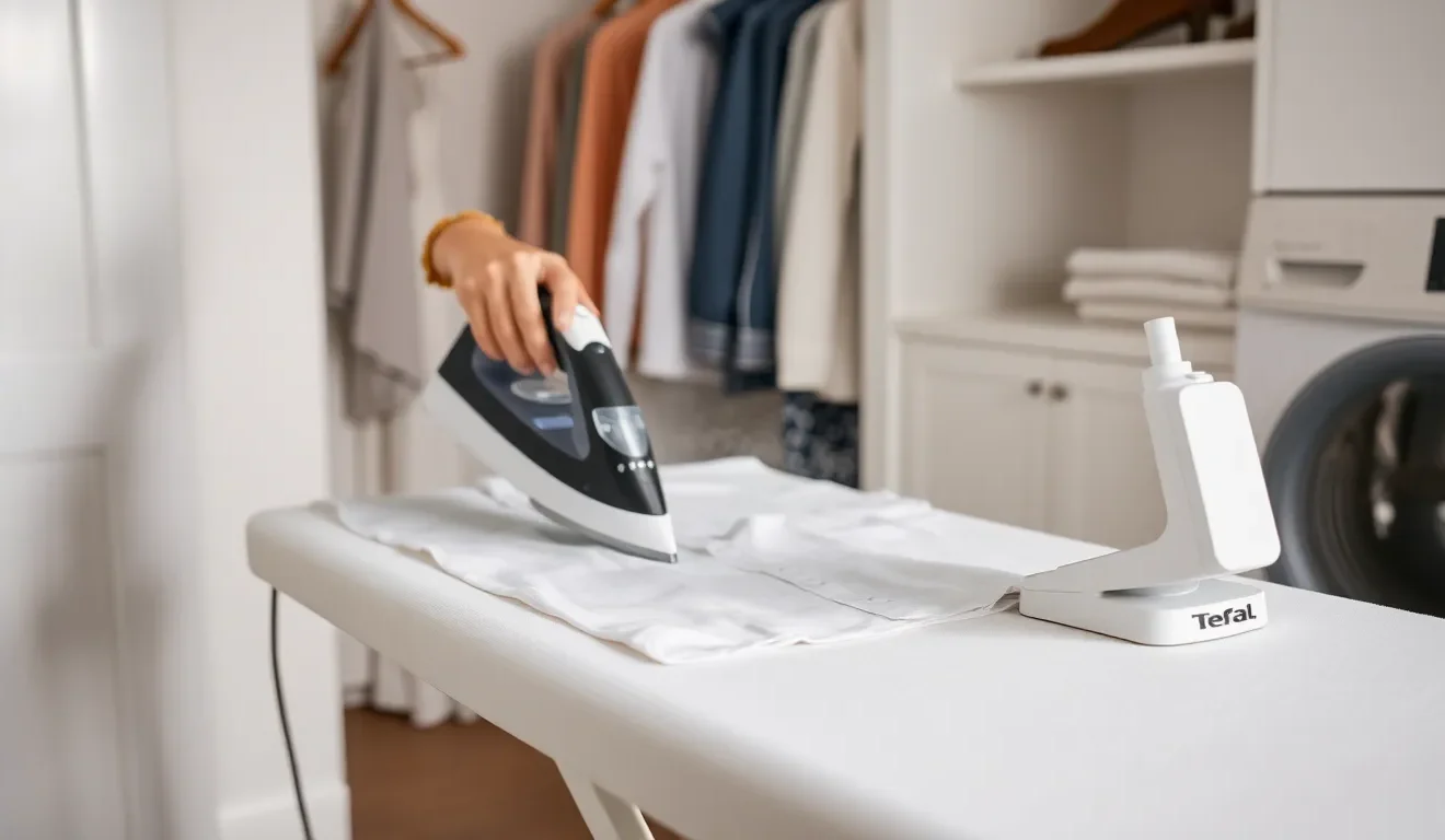 Osoba prasująca koszulę żelazkiem Tefal Express Essential, co pokazuje, jak używać generatora pary.