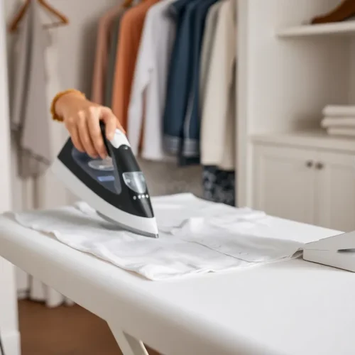 Osoba prasująca koszulę żelazkiem Tefal Express Essential, co pokazuje, jak używać generatora pary.