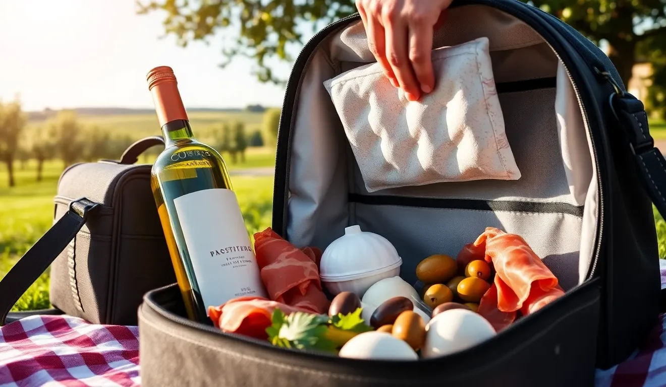 Osoba pakująca włoskie jedzenie, pokazująca jak używać torby termicznej z wkładami chłodzącymi na idealny piknik.