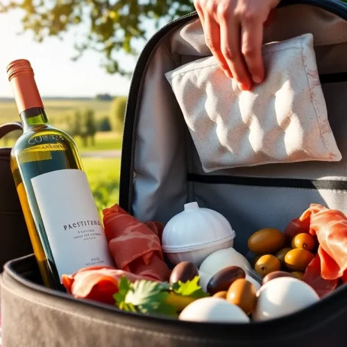 Osoba pakująca włoskie jedzenie, pokazująca jak używać torby termicznej z wkładami chłodzącymi na idealny piknik.