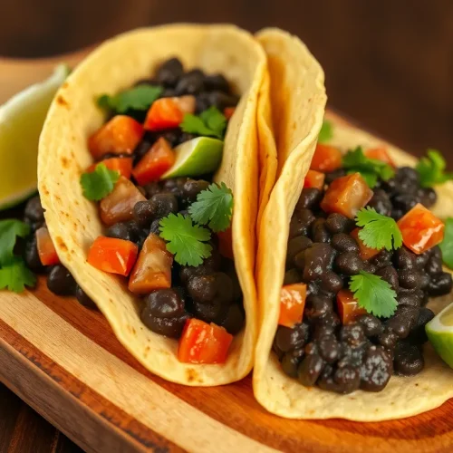 Prosty przepis na tortillę z pastą z fasoli, podaną ze świeżym awokado, pomidorem i kolendrą na desce.