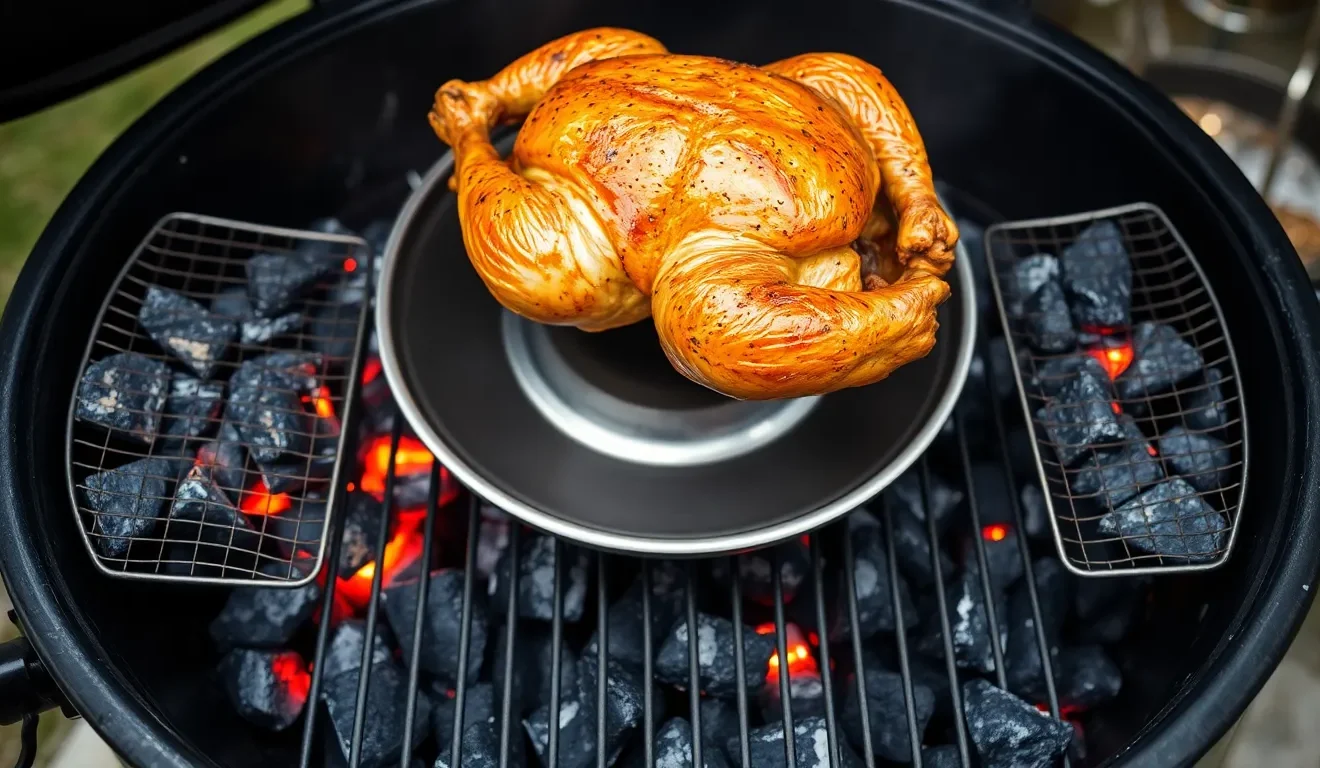 Osoba, która pokazuje, jak używać węgielnicy do grillowania metodą pośrednią całego kurczaka na grillu węglowym.