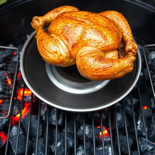 Osoba, która pokazuje, jak używać węgielnicy do grillowania metodą pośrednią całego kurczaka na grillu węglowym.
