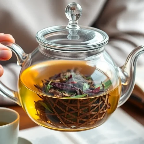 Szklany dzbanek z zaparzaczem do herbaty w środku, co ilustruje, jak używać zaparzacza.